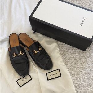 Gucci Women’s Princetown Black Leather Loafer Mules with Gold Hardware